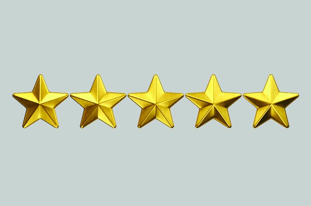 Five gold stars on a grey background.