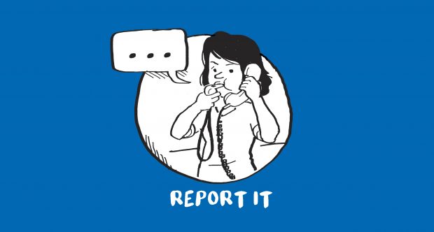 Woman blowing a whistle while on the phone - under the words 'report it'