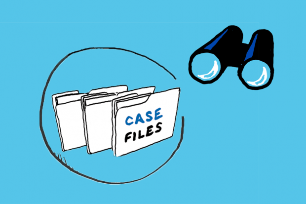 Cartoon drawing of case files and a binocular