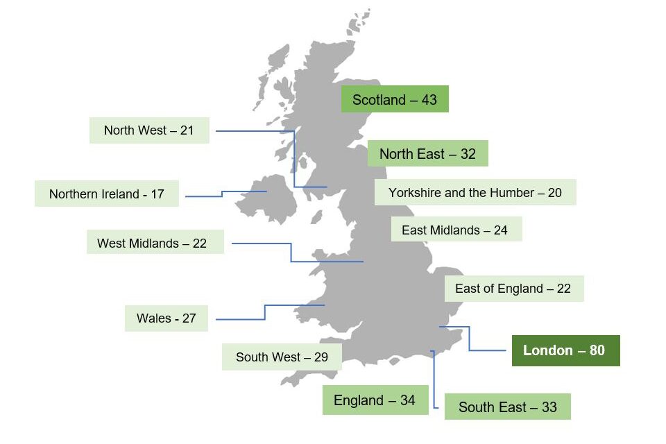 Image showing how many chargepoints there are in areas around the United Kingdom